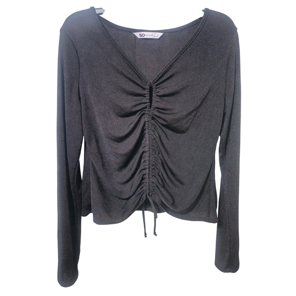 Shimmery Black Blouse Top SO Long Sleeve Shirt Cinched Front Tie L EUC